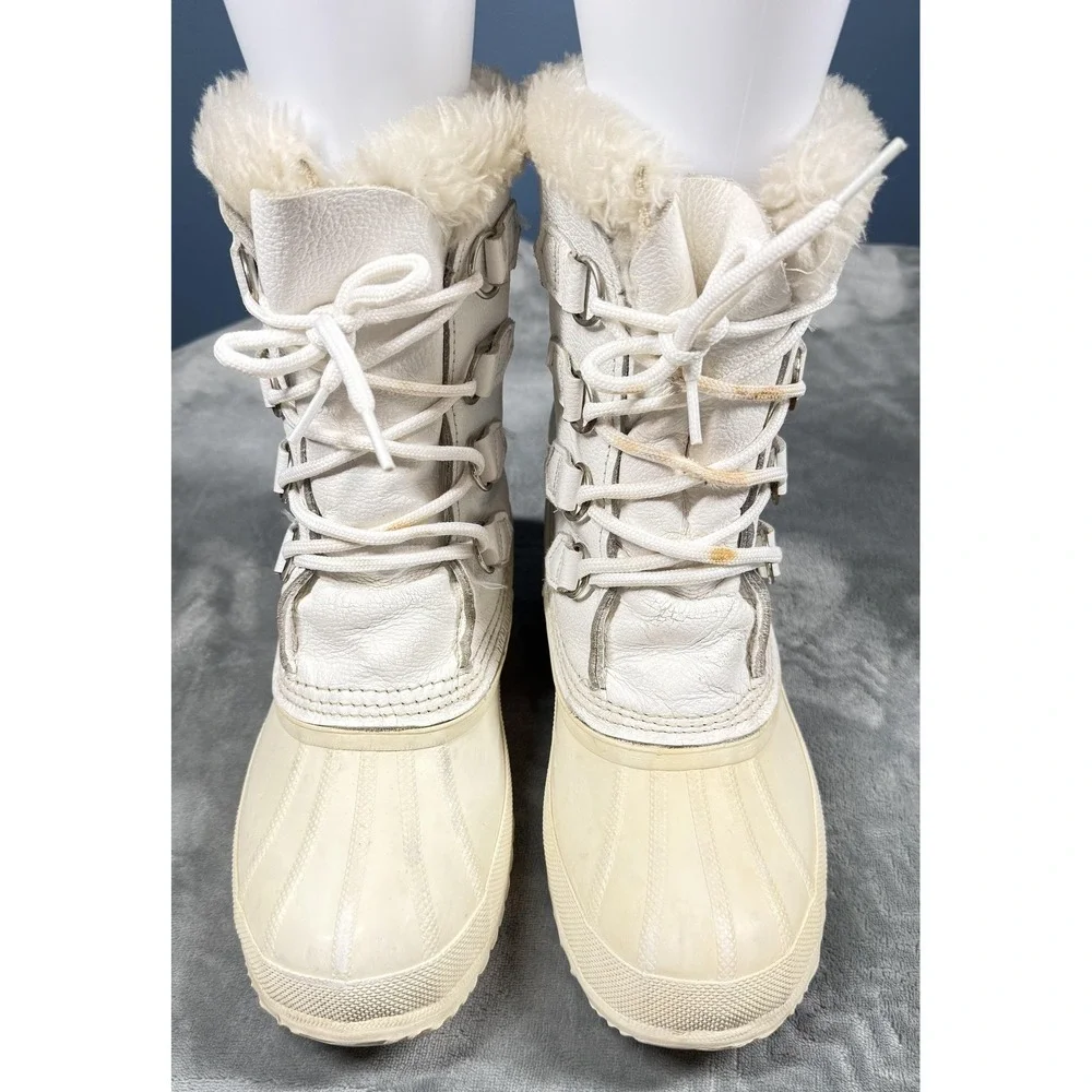 Sorel Manitou Boots Womens Size 8 White Leather Wool Lined Winter Snow Lace Up